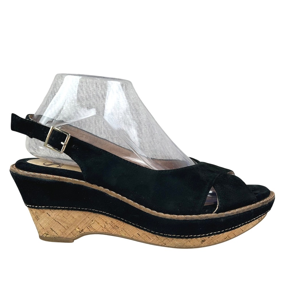 Sofft Womens Black Suede Cork Wedge Peep Toe Slingback Sandals Size 7.5M CBHK12